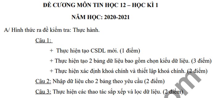 De cuong on tap ki 1 THPT Thai Phien 2020 mon Tin lop 12