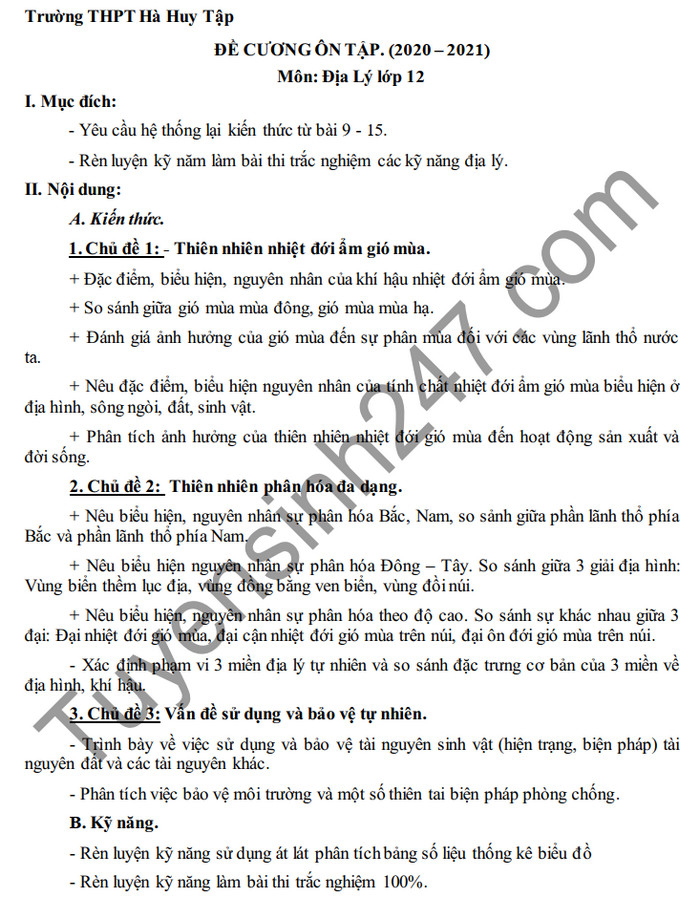 De cuong on tap HK1 2020 mon Dia lop 12 THPT Ha Huy Tap