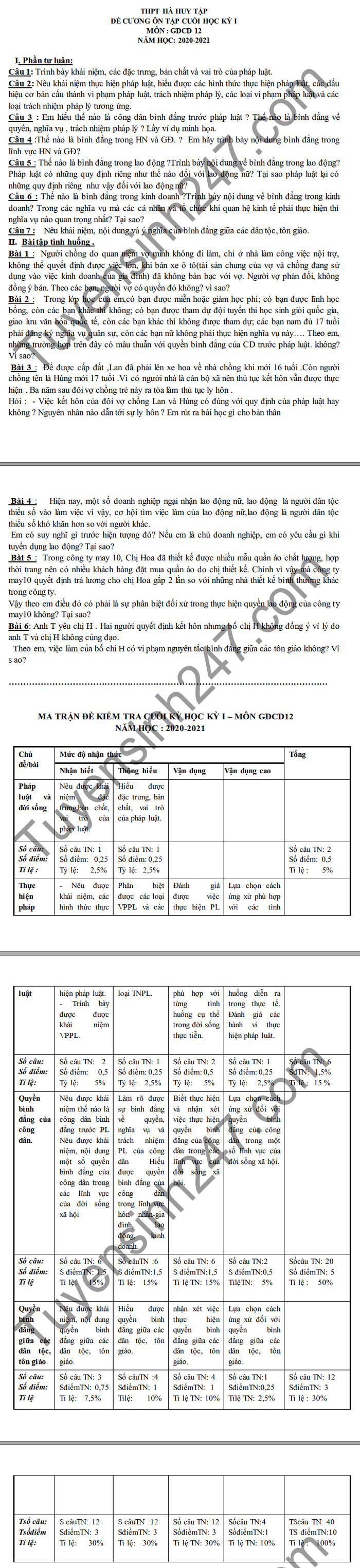De cuong on tap HK1 THPT Ha Huy Tap 2020 mon GDCD lop 12