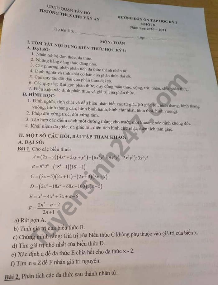 De cuong on tap HK1 Toan lop 8 nam 2020 THCS Chu Van An
