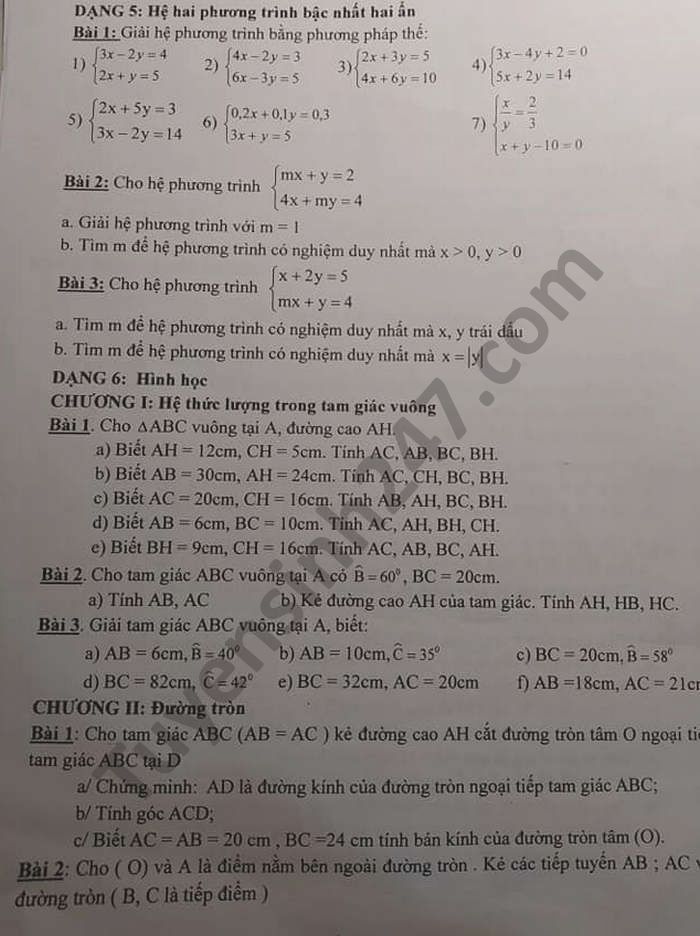 De cuong on tap HK1 THCS Van Yen mon Toan lop 9 nam 2020