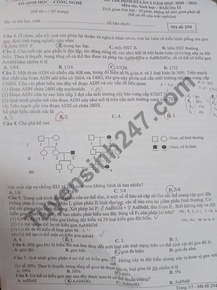 De thi thu Tot nghiep THPT 2021 mon Sinh lan 2 THPT Chuyen Bac Ninh