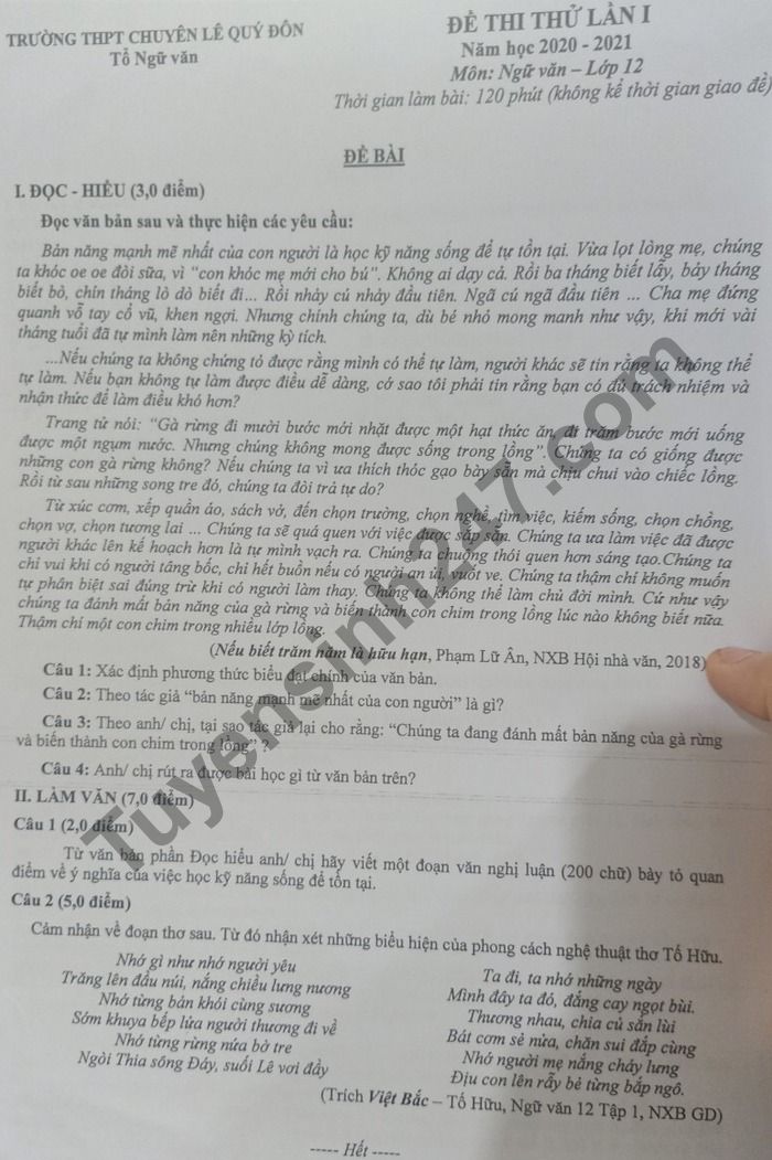De thi thu Tot nghiep THPT 2021 lan 1 mon Van THPT Chuyen Le Quy Don