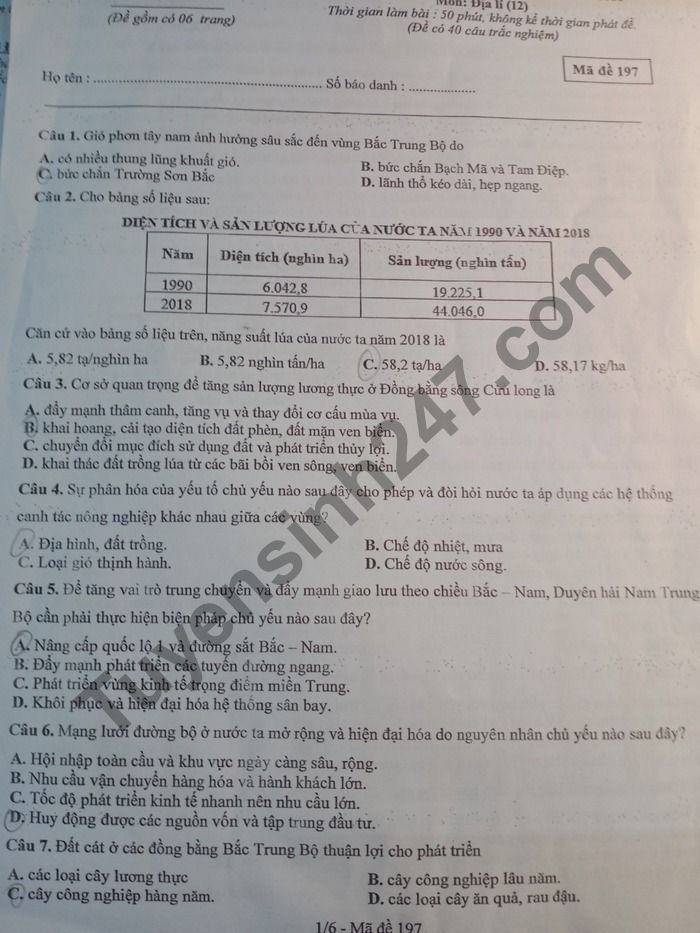 De thi thu Tot nghiep THPT 2021 lan 2 THPT Chuyen Bac Ninh mon Dia