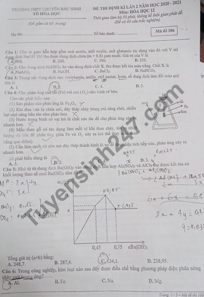 De thi thu Tot nghiep THPT 2021 THPT Chuyen Bac Ninh lan 2 mon Hoa