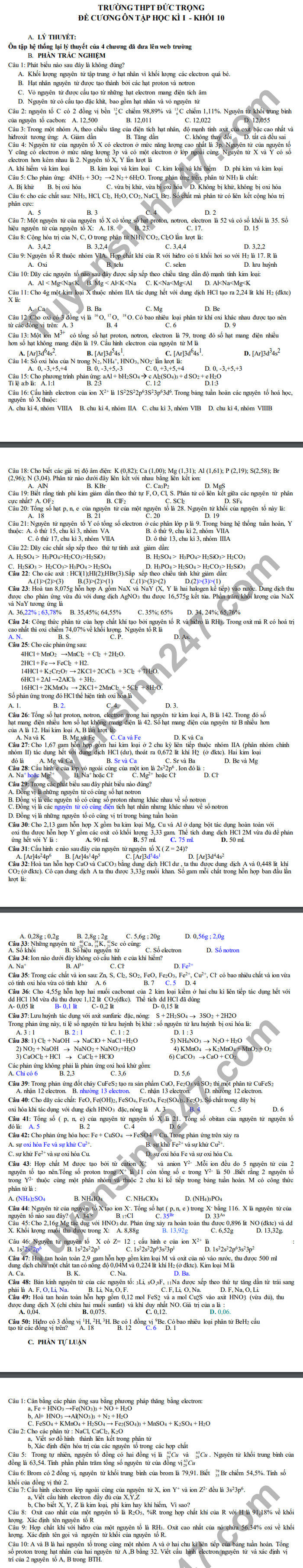 De cuong on tap HK1 mon Hoa lop 10 THPT Duc Trong nam 2020