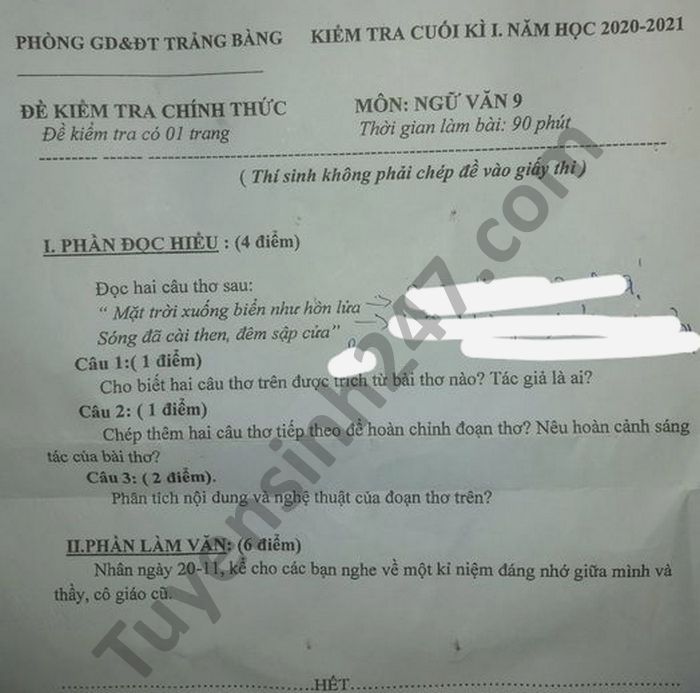De kiem tra cuoi ki 1 2020 mon Van lop 9 Phong GD Trang Bang