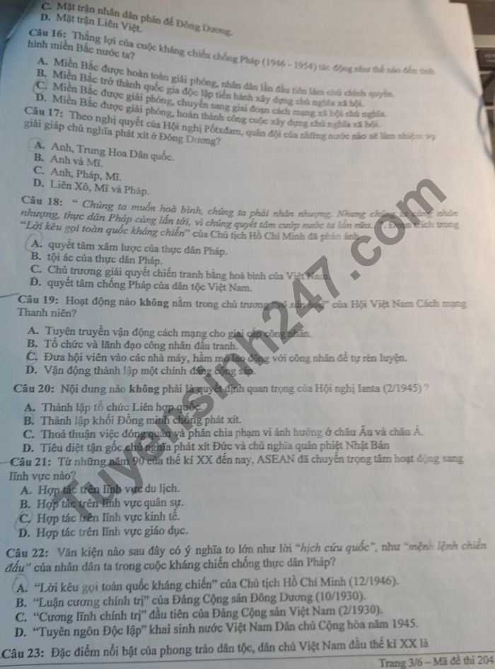 De thi thu THPTQG 2021 lan 2 mon Su THPT Chuyen Bac Ninh