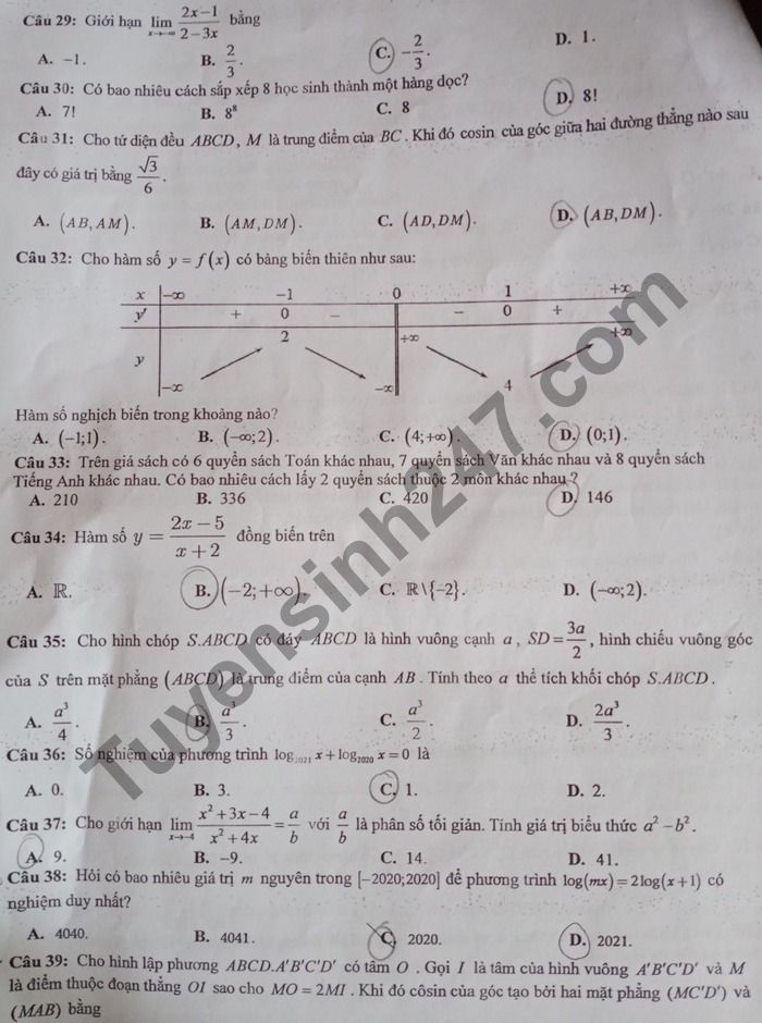 De thi thu Tot nghiep THPT 2021 mon Toan THPT Chuyen Bac Ninh lan 2