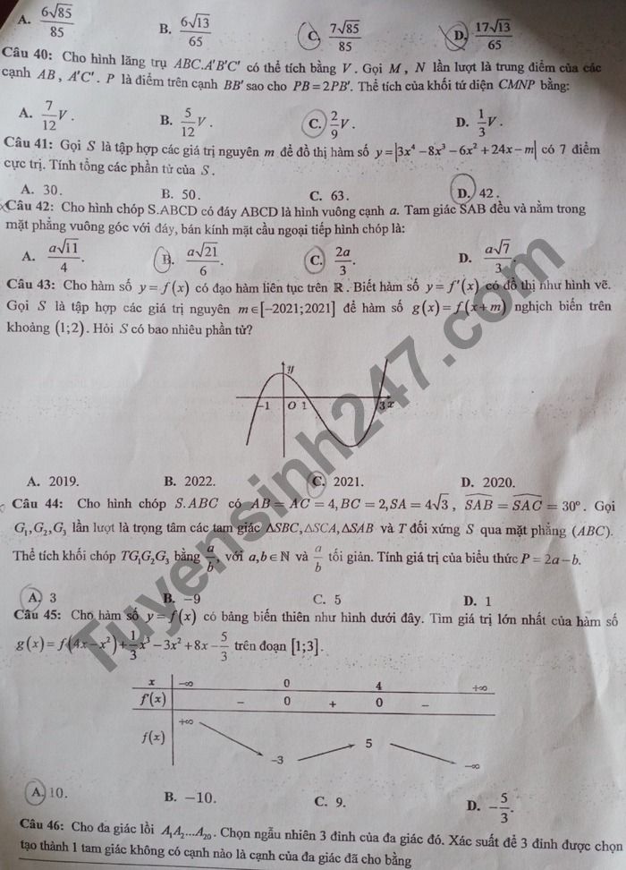 De thi thu Tot nghiep THPT 2021 mon Toan THPT Chuyen Bac Ninh lan 2