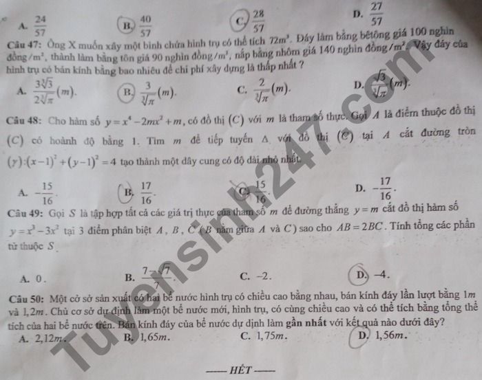 De thi thu Tot nghiep THPT 2021 mon Toan THPT Chuyen Bac Ninh lan 2