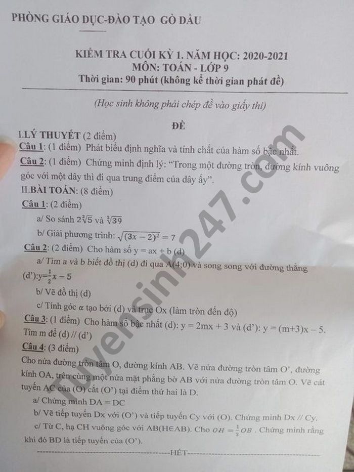 De kiem tra cuoi ki 1 nam 2020 Toan lop 9 Phong GD Go Dau