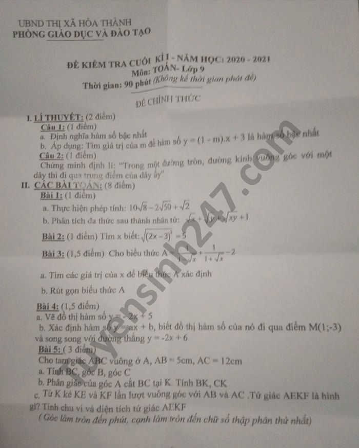 De kiem tra hoc ki 1 mon Toan lop 9 Phong GD TX Hoa Thanh 2020