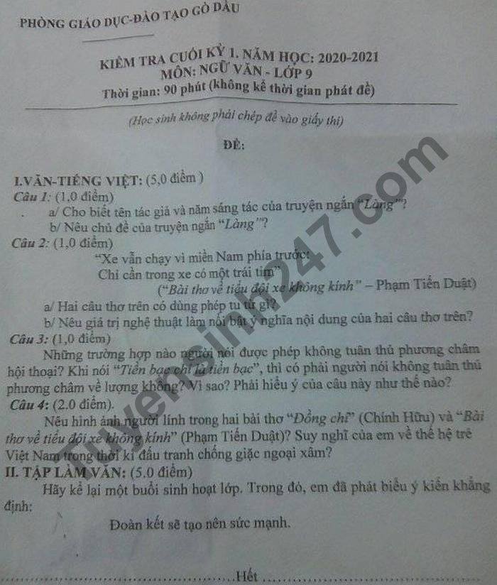 De kiem tra cuoi HK1 nam 2020 Phong GD Go Dau lop 9 mon Van