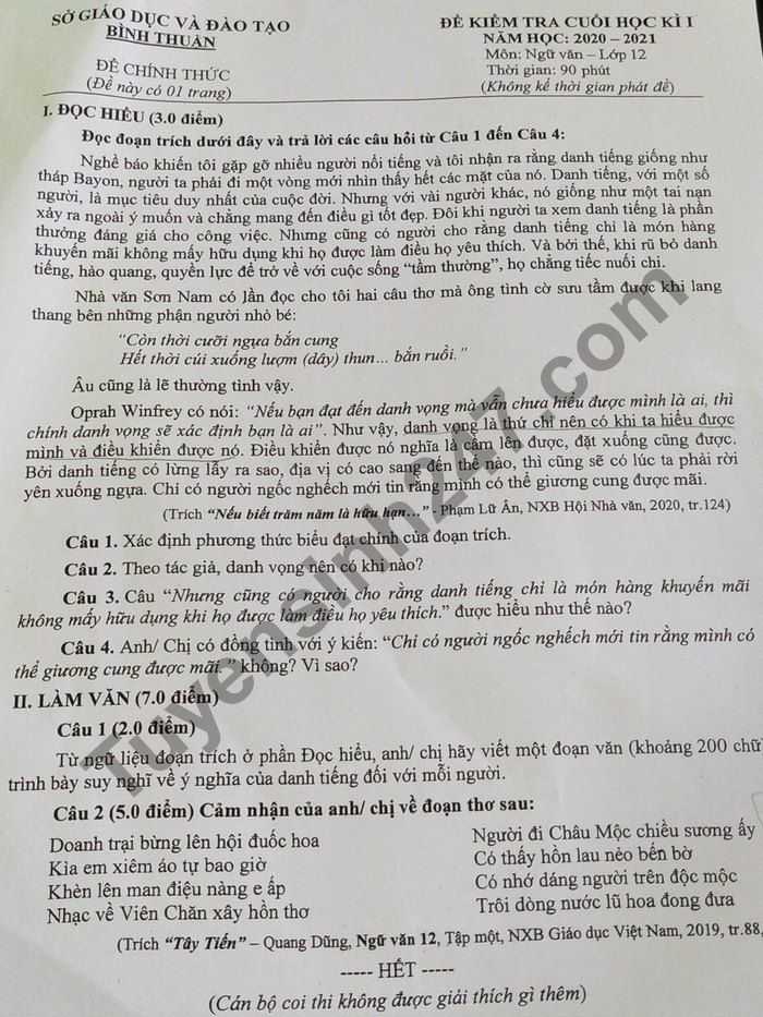 De kiem tra HK1 nam 2020 lop 12 mon Van So GD Binh Thuan