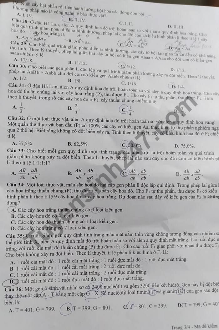 De kiem tra hoc ki 1 mon Sinh lop 12 So GD-DT Tay Ninh 2020