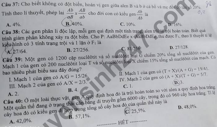 De kiem tra hoc ki 1 mon Sinh lop 12 So GD-DT Tay Ninh 2020