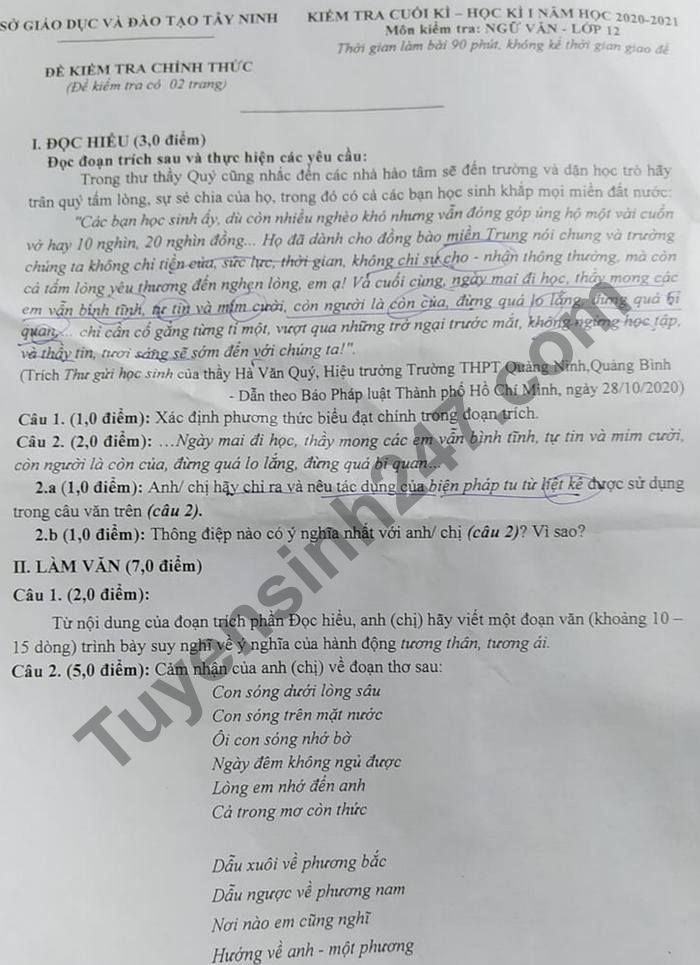 De kiem tra hoc ki 1 nam 2020 So GD Tay Ninh mon Van lop 12