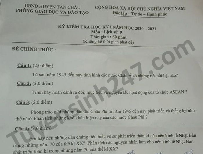 De kiem tra hoc ki 1 nam 2020 Phong GD Tan Chau mon Su lop 9