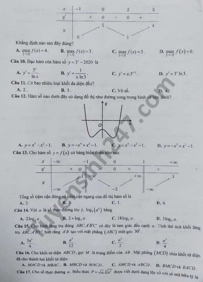 De kiem tra hoc ki 1 lop 12 mon Toan So GDKHCN Bac Lieu 2020