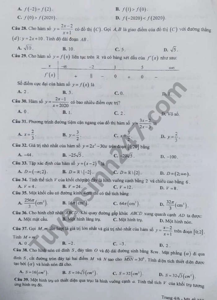De kiem tra hoc ki 1 lop 12 mon Toan So GDKHCN Bac Lieu 2020