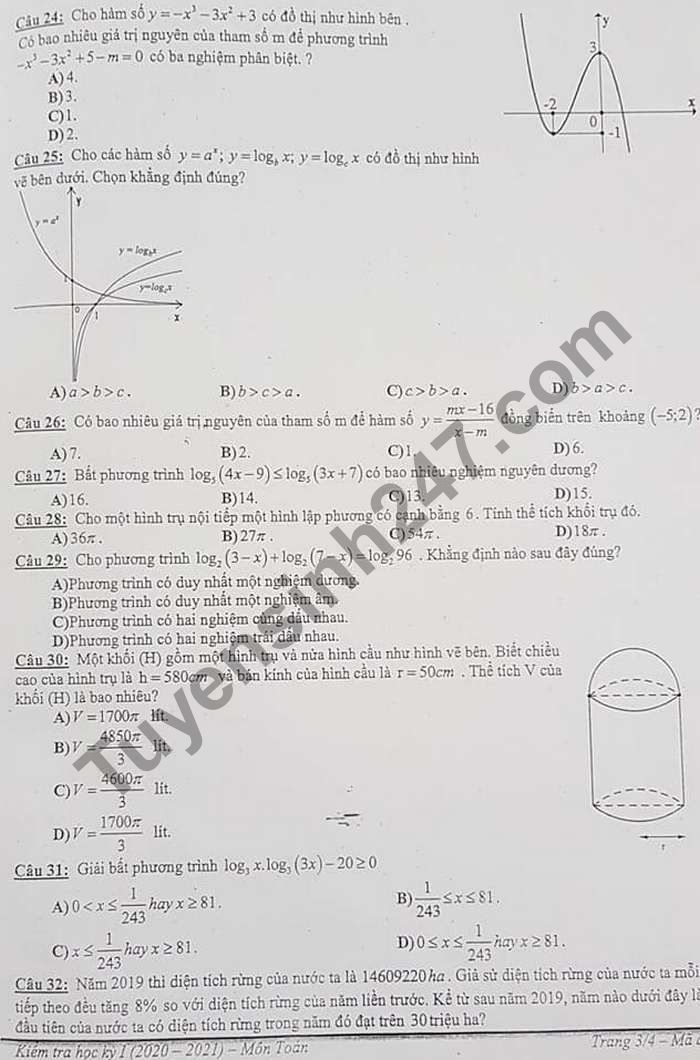 De kiem tra hoc ki 1 mon Toan lop 12 THPT Nguyen An Ninh 2020