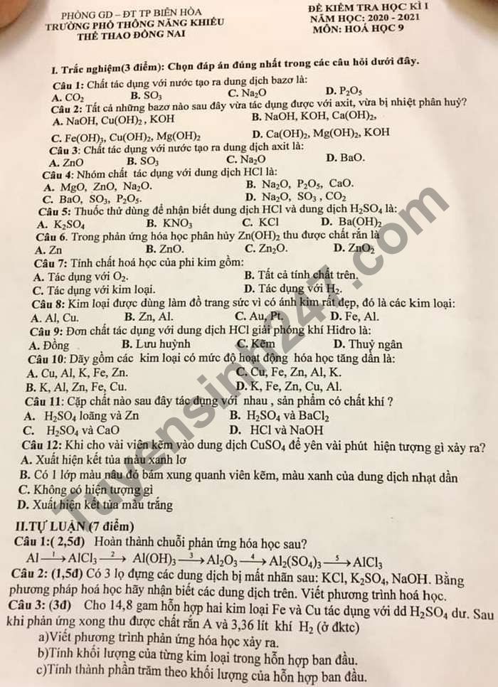 De thi HK1 2020 mon Hoa lop 9 Truong PTNK The Thao Dong Nai