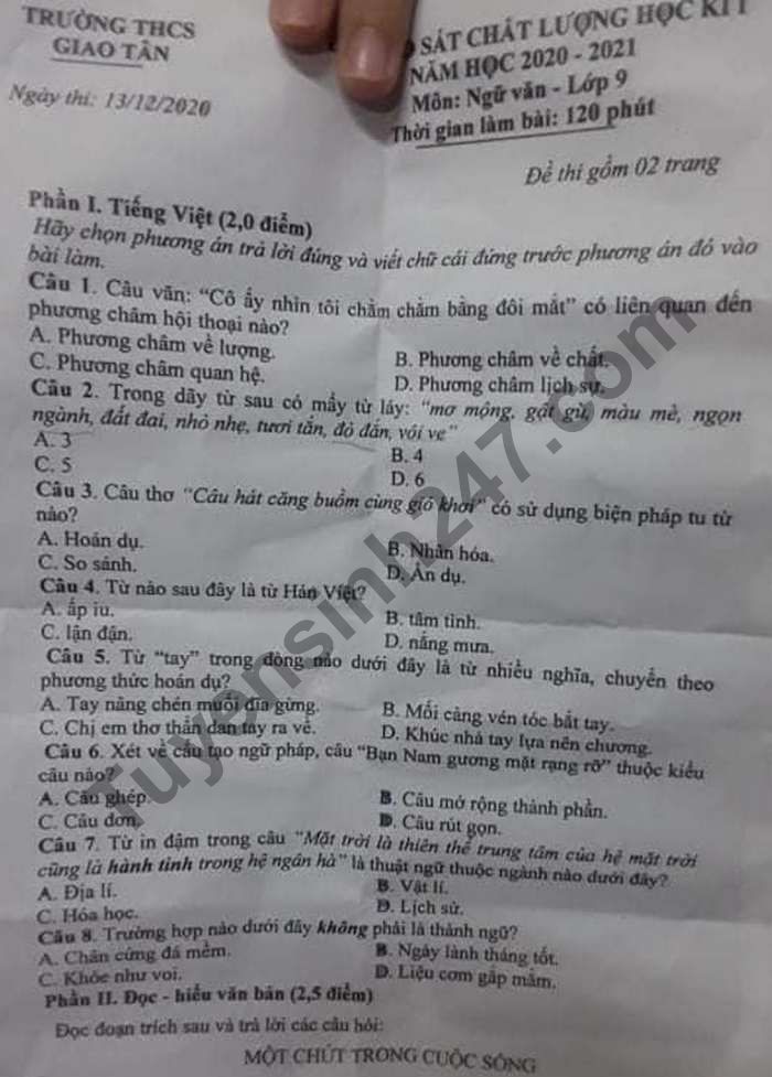 De thi hoc ki 1 nam 2020 mon Van lop 9 Truong THCS Giao Tan
