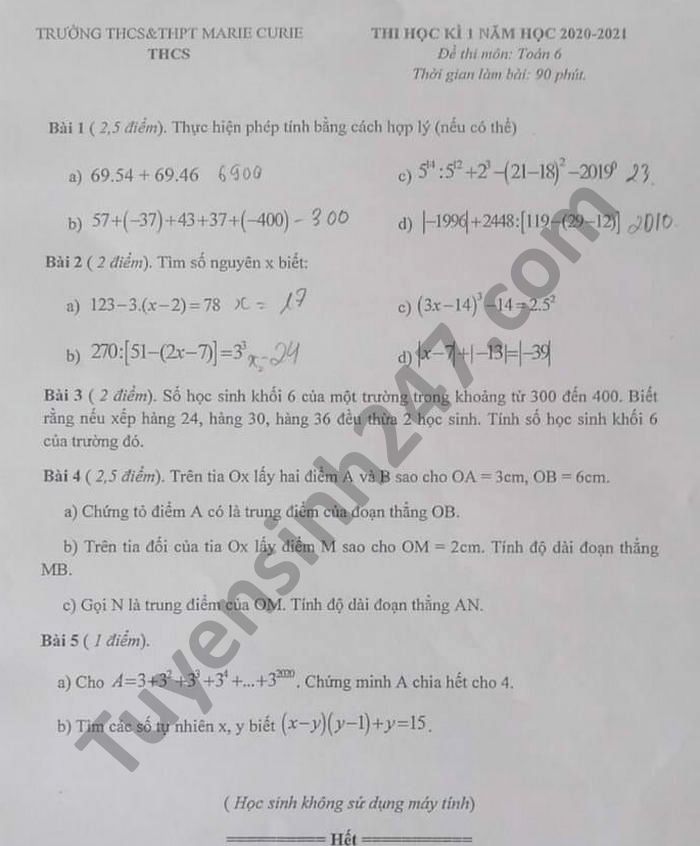 De thi HK1 mon Toan lop 6 nam 2020 THCS-THPT Marie Curie
