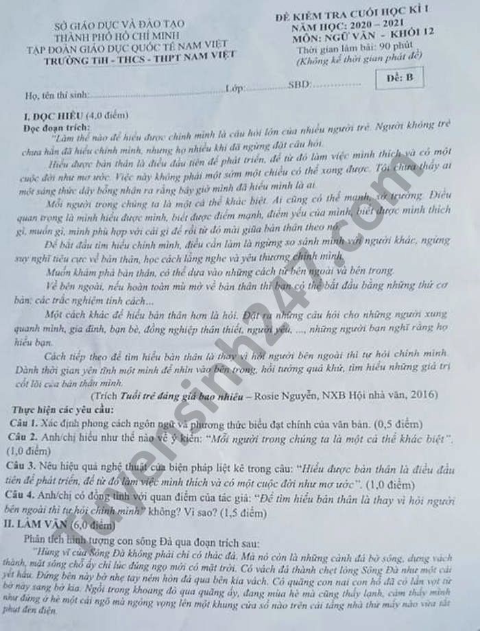 De thi HK1 mon Van lop 12 TH-THCS-THPT Nam Viet nam 2020