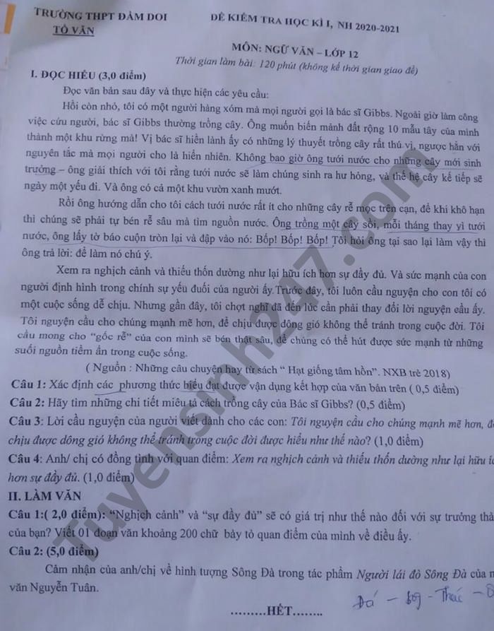 De kiem tra HK1 nam 2020 mon Van lop 12 THPT Dam Doi