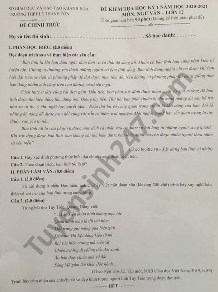De kiem tra HK1 nam 2020 mon Van lop 12 THPT Le Thanh Ton