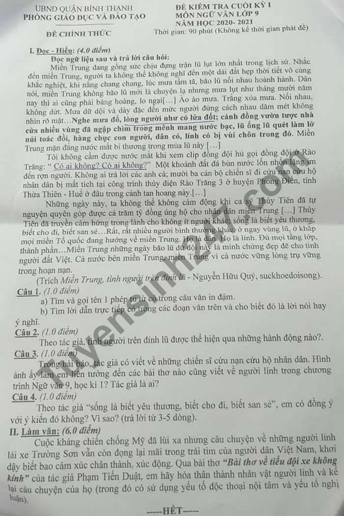 De kiem tra HK1 nam 2020 Quan Binh Thanh mon Van lop 9