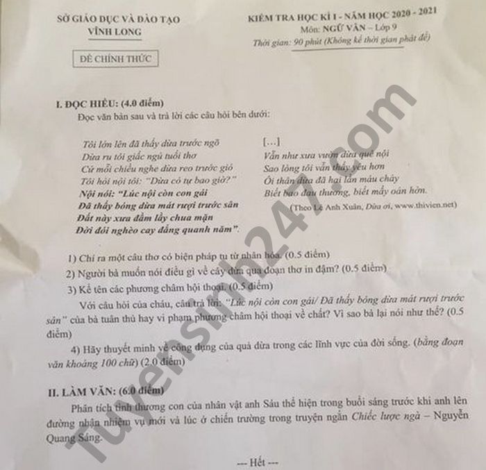 De kiem tra HK1 mon Van lop 9 tinh Vinh Long nam 2020