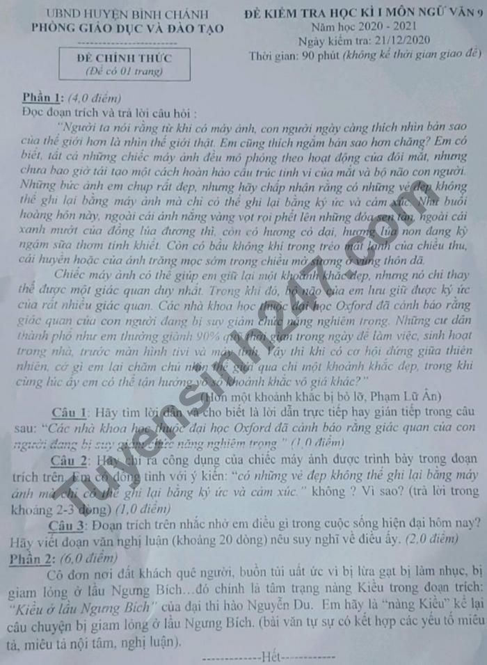 De kiem tra hoc ki 1 nam 2020 lop 9 mon Van huyen Binh Chanh