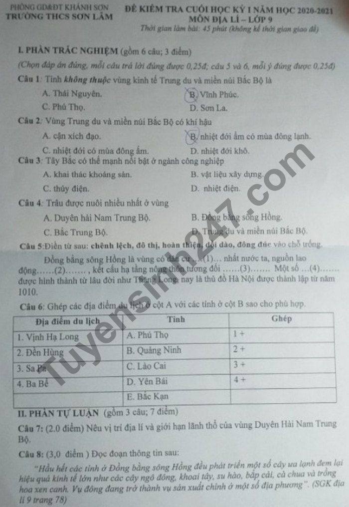 De thi HK1 THCS Son Lam mon Dia lop 9 nam 2020