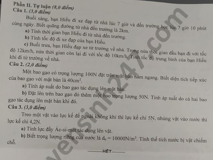 De thi HK1 mon Ly lop 8 tinh Nam Dinh nam 2020