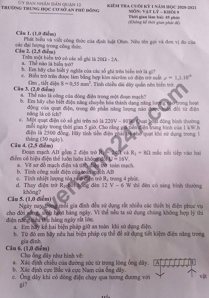 De thi HK1 mon Ly lop 9 THCS An Phu Dong nam 2020