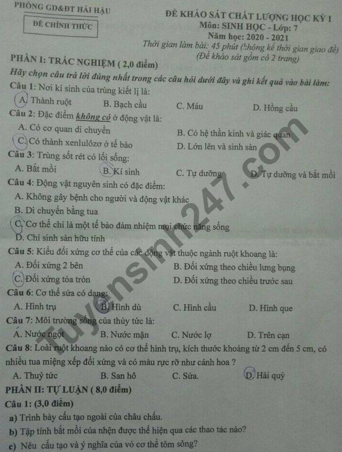 De thi HK1 nam 2020 mon Sinh lop 7 Phong GD Hai Hau