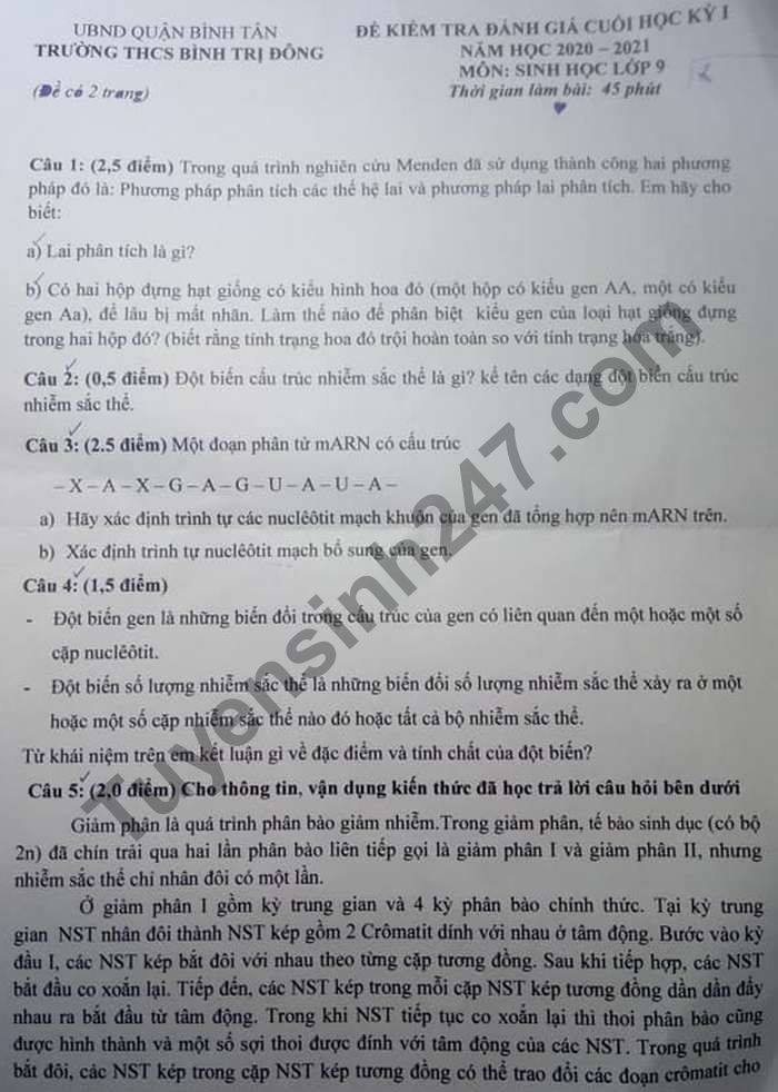 De thi HK1 THCS Binh Tri Dong mon Sinh lop 9 nam 2020