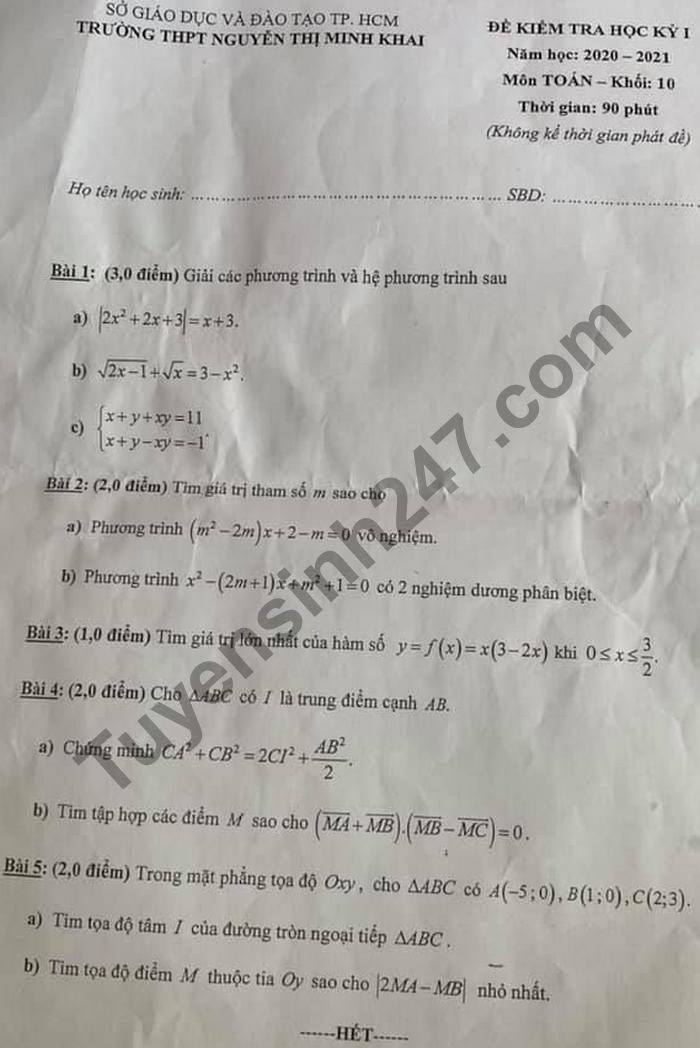 De thi HK1 mon Toan lop 10 nam 2020 THPT Nguyen Thi Minh Khai