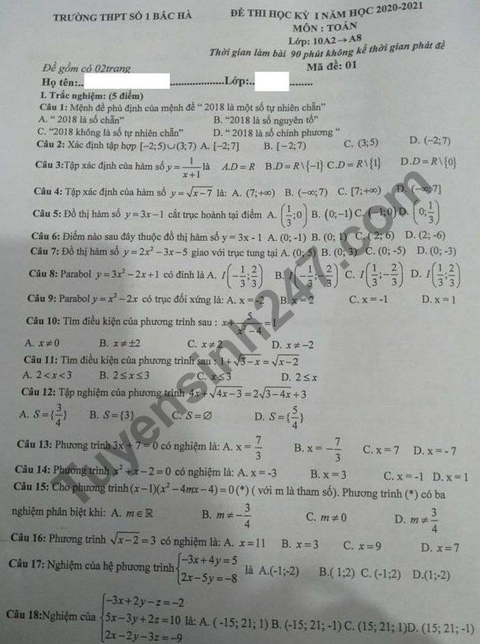 De thi HK1 mon Toan lop 10 nam 2020 THPT So 1 Bac Ha