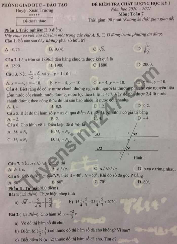 De thi HK1 huyen Xuan Truong mon Toan lop 7 nam 2020