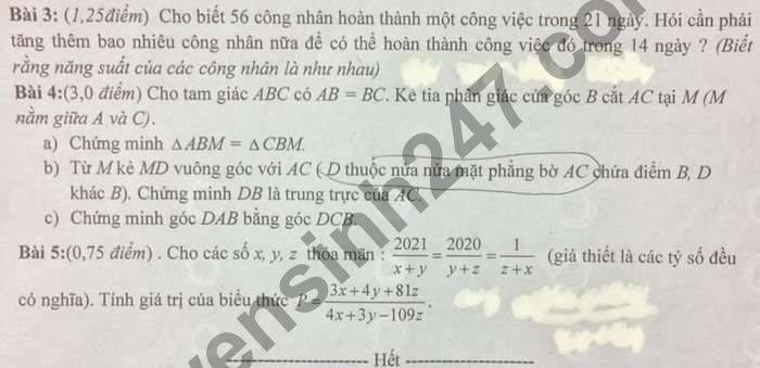 De thi HK1 huyen Xuan Truong mon Toan lop 7 nam 2020