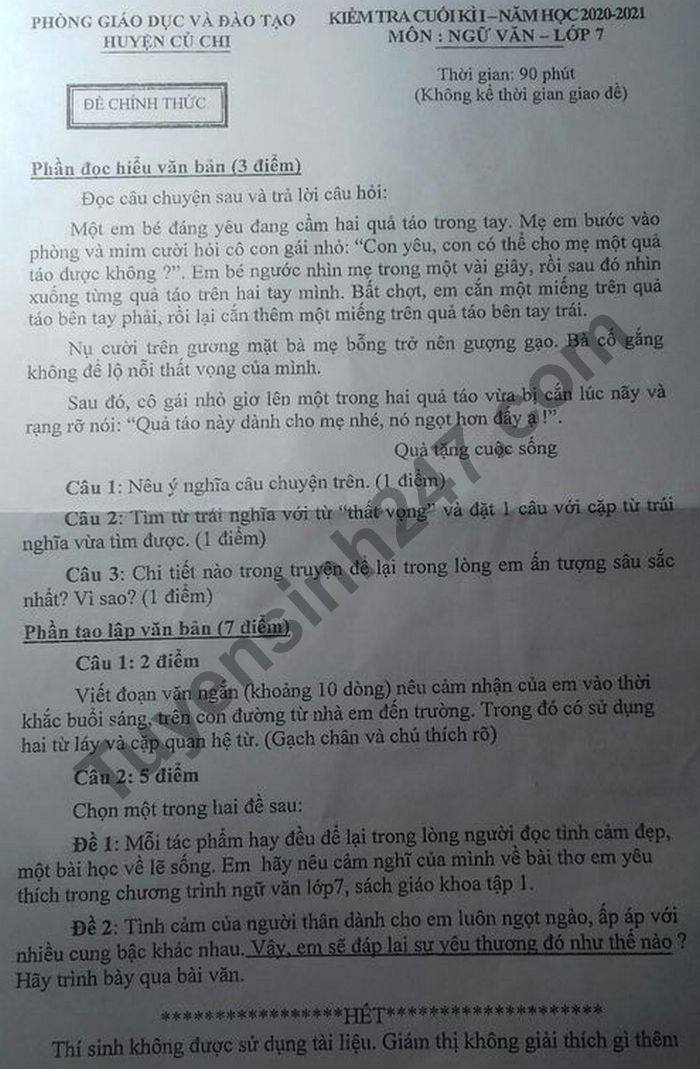 De thi HK1 mon Van lop 7 Phong GD huyen Cu Chi nam 2020