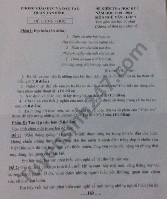 De thi hoc ki 1 mon Van lop 7 Quan Tan Binh nam 2020