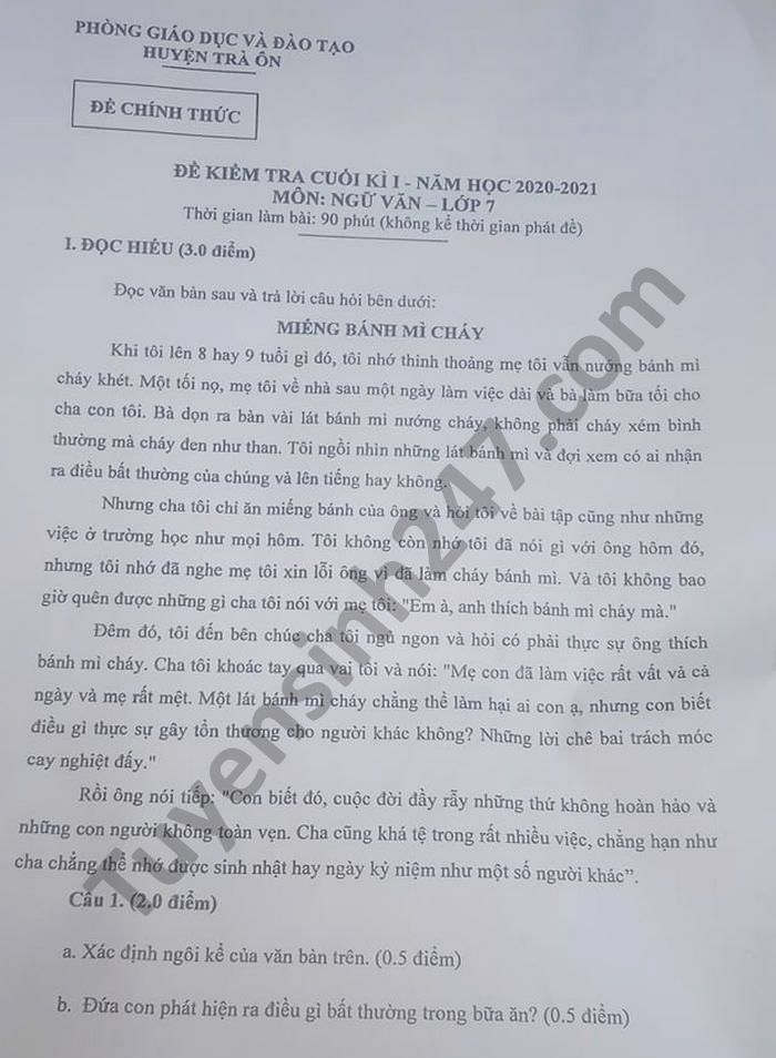 De thi HK1 nam 2020 mon Van lop 7 Phong GD Tra On