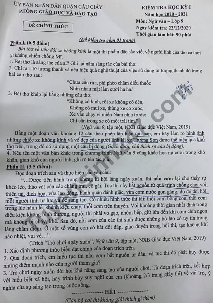 De thi HK1 lop 9 mon Van Phong GD Quan Cau Giay nam 2020