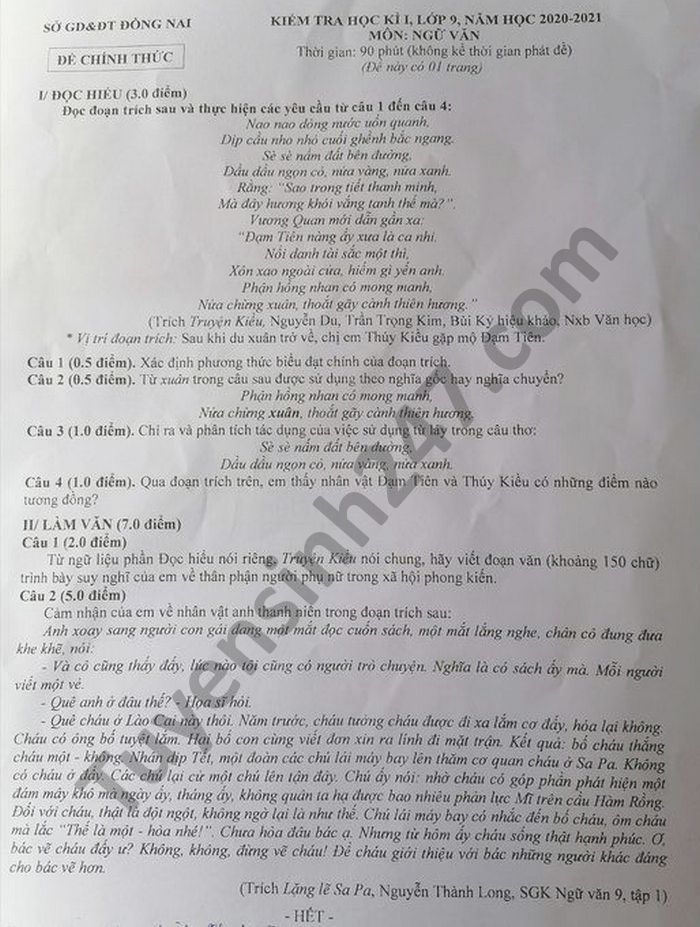 De thi hoc ki 1 tinh Dong Nai nam 2020 mon Van lop 9