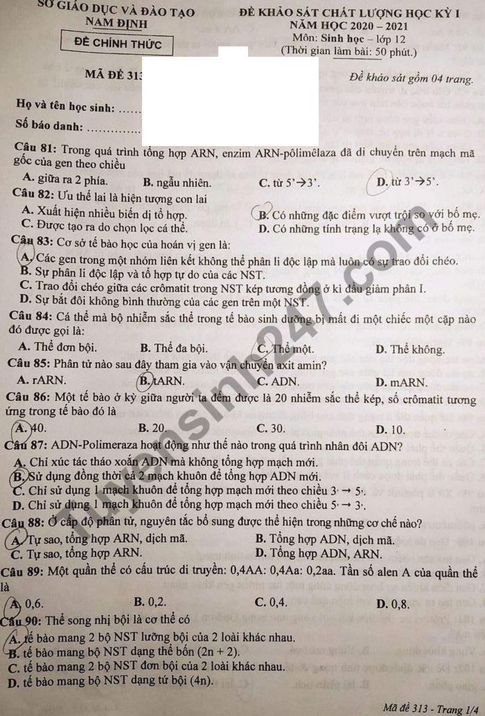 De thi hoc ki 1 mon Sinh lop 12 So GDDT Nam Dinh nam 2020